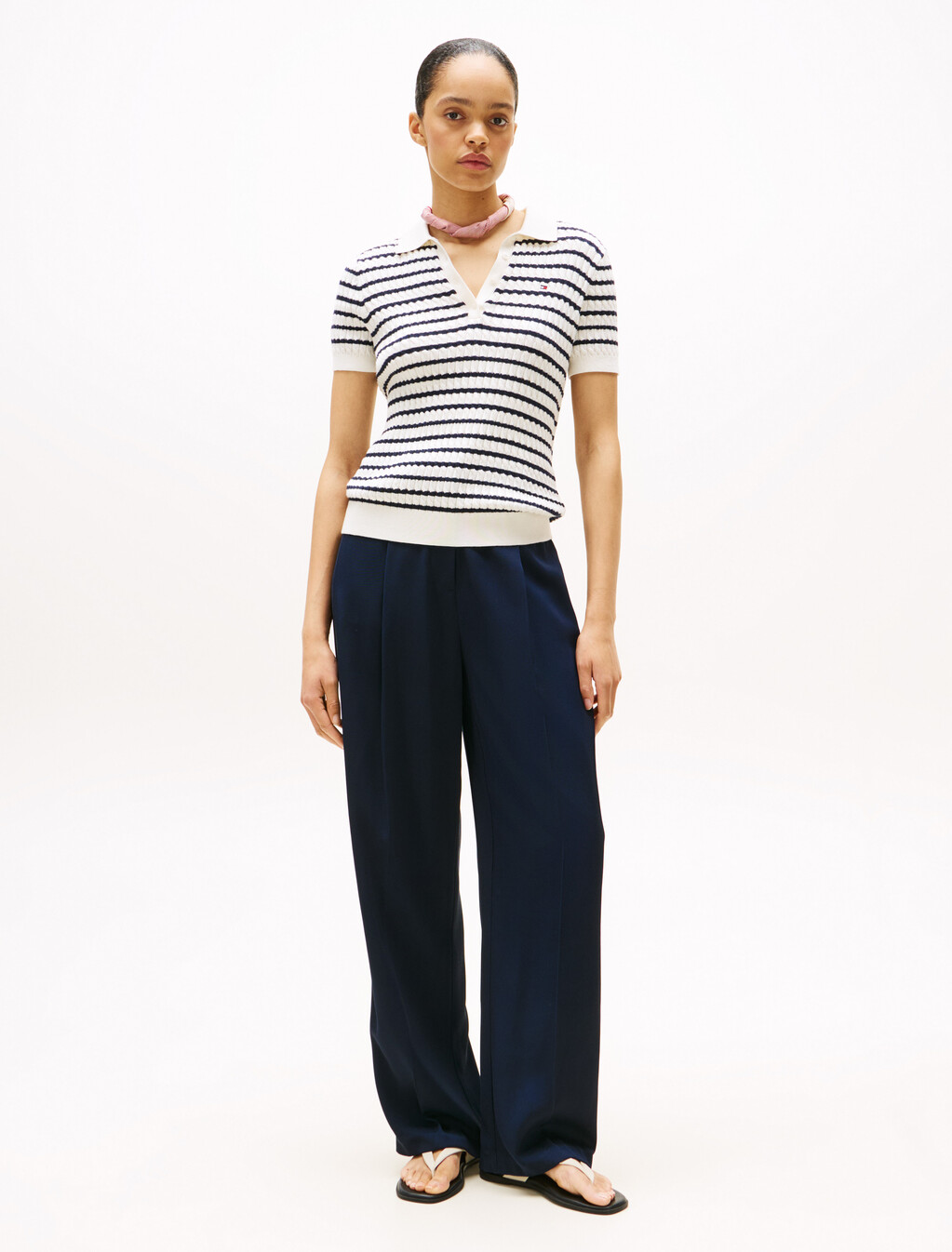 Cable Knit Polo Short Sleeve Jumper, Ivory Silk/Dark Night Navy Stp, hi-res