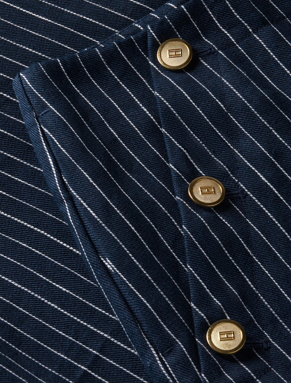 細條紋金色鈕扣寬筒亞麻混紡長褲, Pin Stripe Navy, hi-res