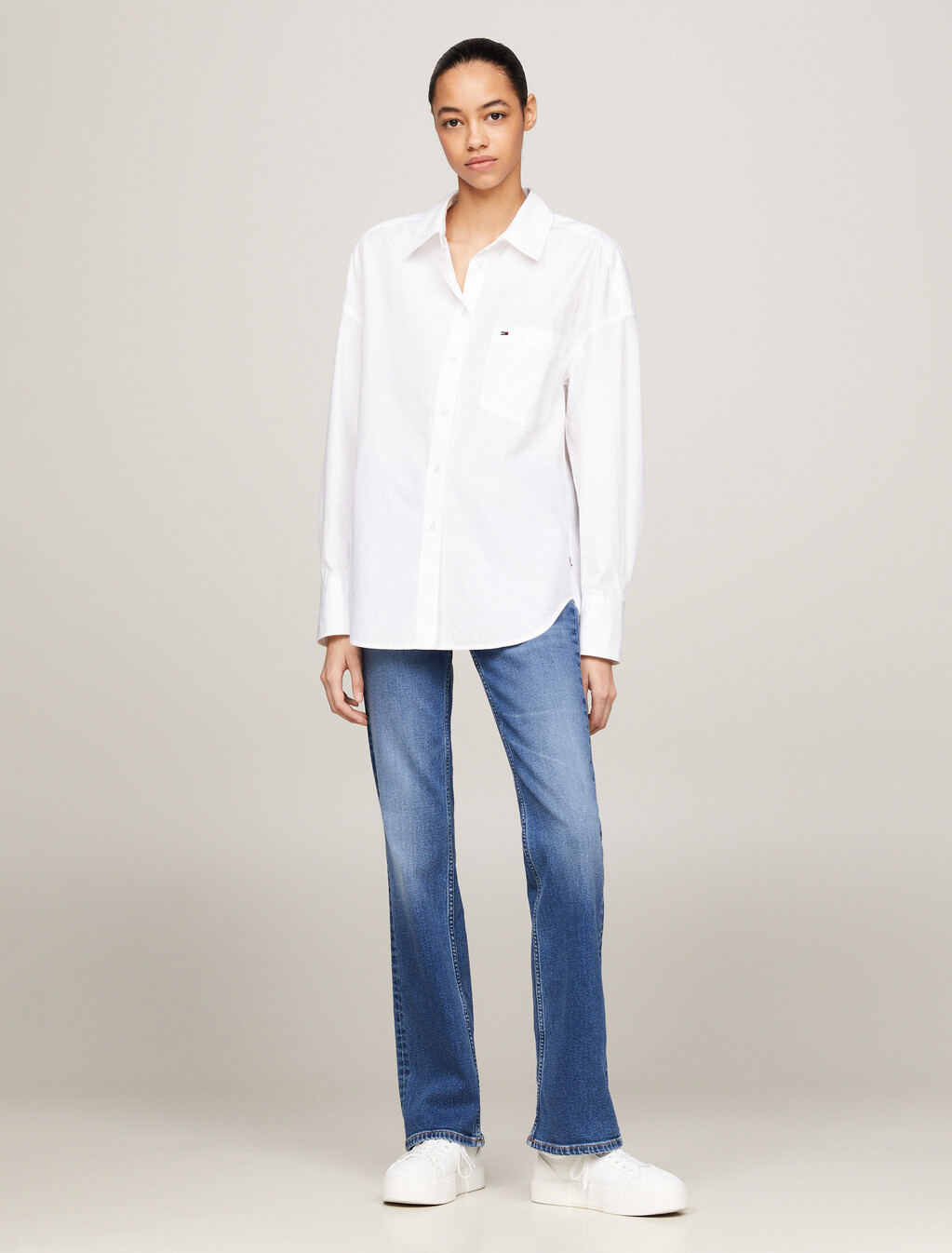 Oversized Script Logo Overshirt, White, hi-res