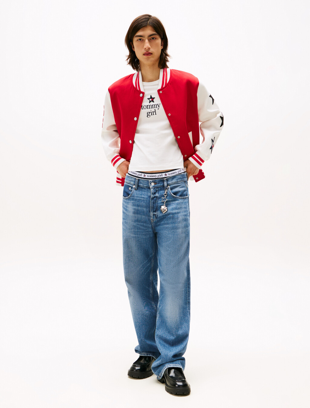 Tommy Girl 後背標誌超寬鬆棒球外套, Primary Red / Ecru, hi-res