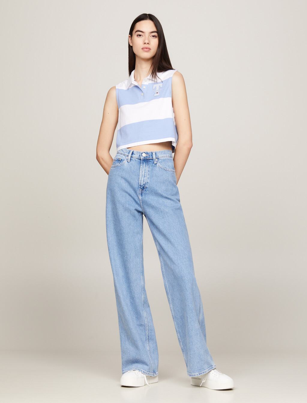 Stripe Sleeveless Cropped Letterman Polo, Moderate Blue / Stripe, hi-res