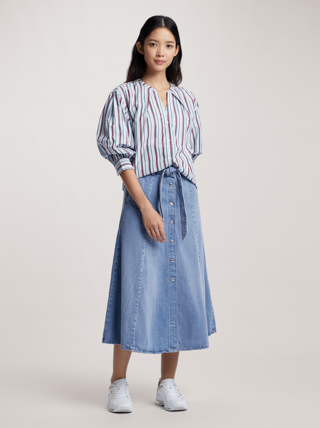 Belted Fit And Flare Denim Midi Skirt, Ava, hi-res