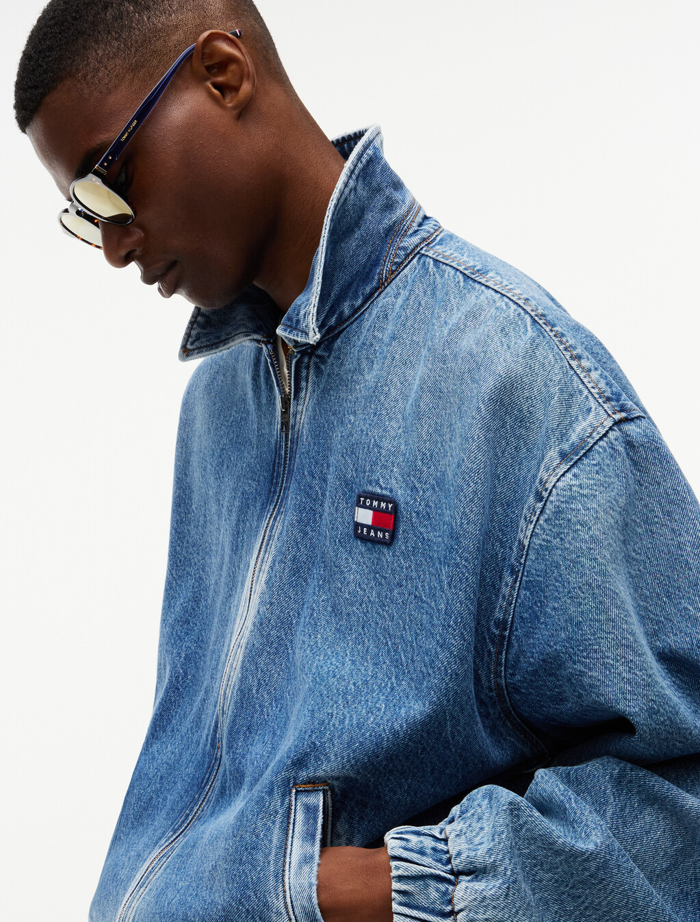 褪色牛仔寬鬆哈靈頓外套, Denim Medium, hi-res