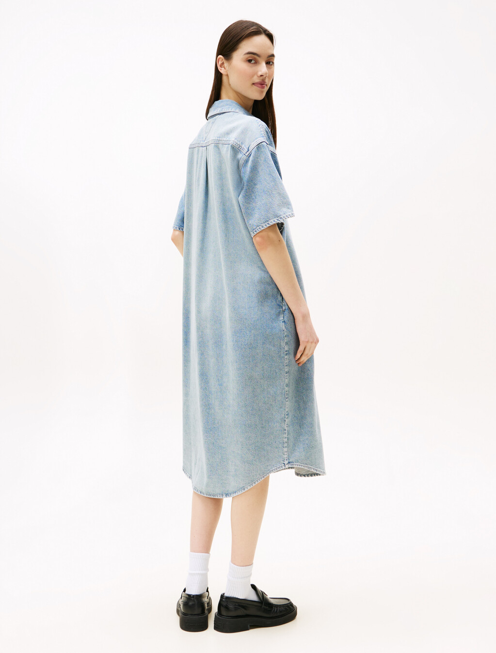 寬版中長牛仔襯衫式洋裝, Denim Light, hi-res