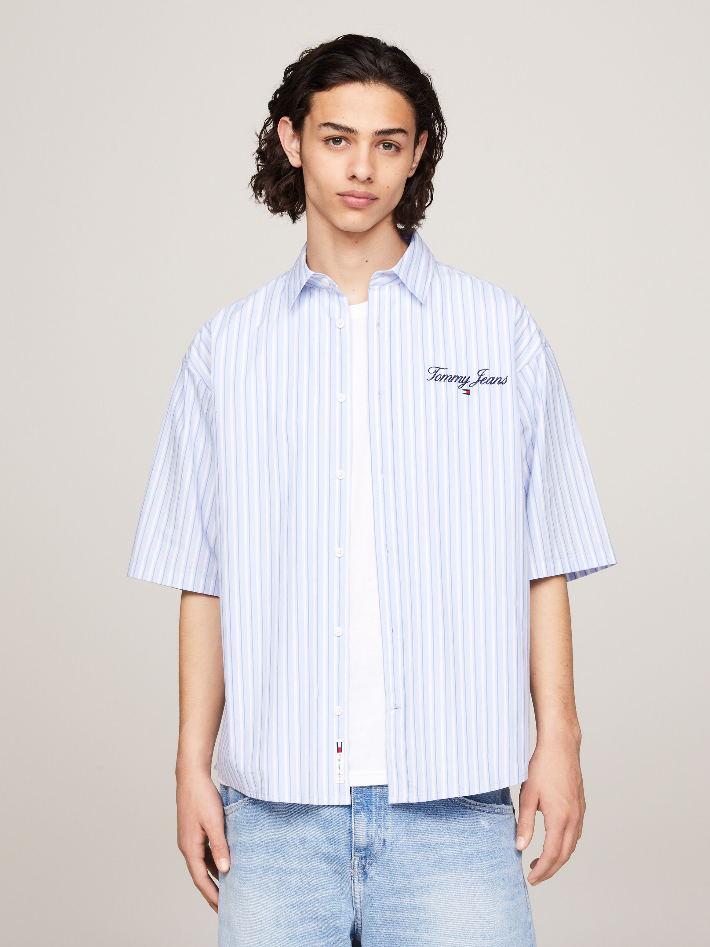 條紋寬鬆短袖襯衫 Moderate Blue Stripe