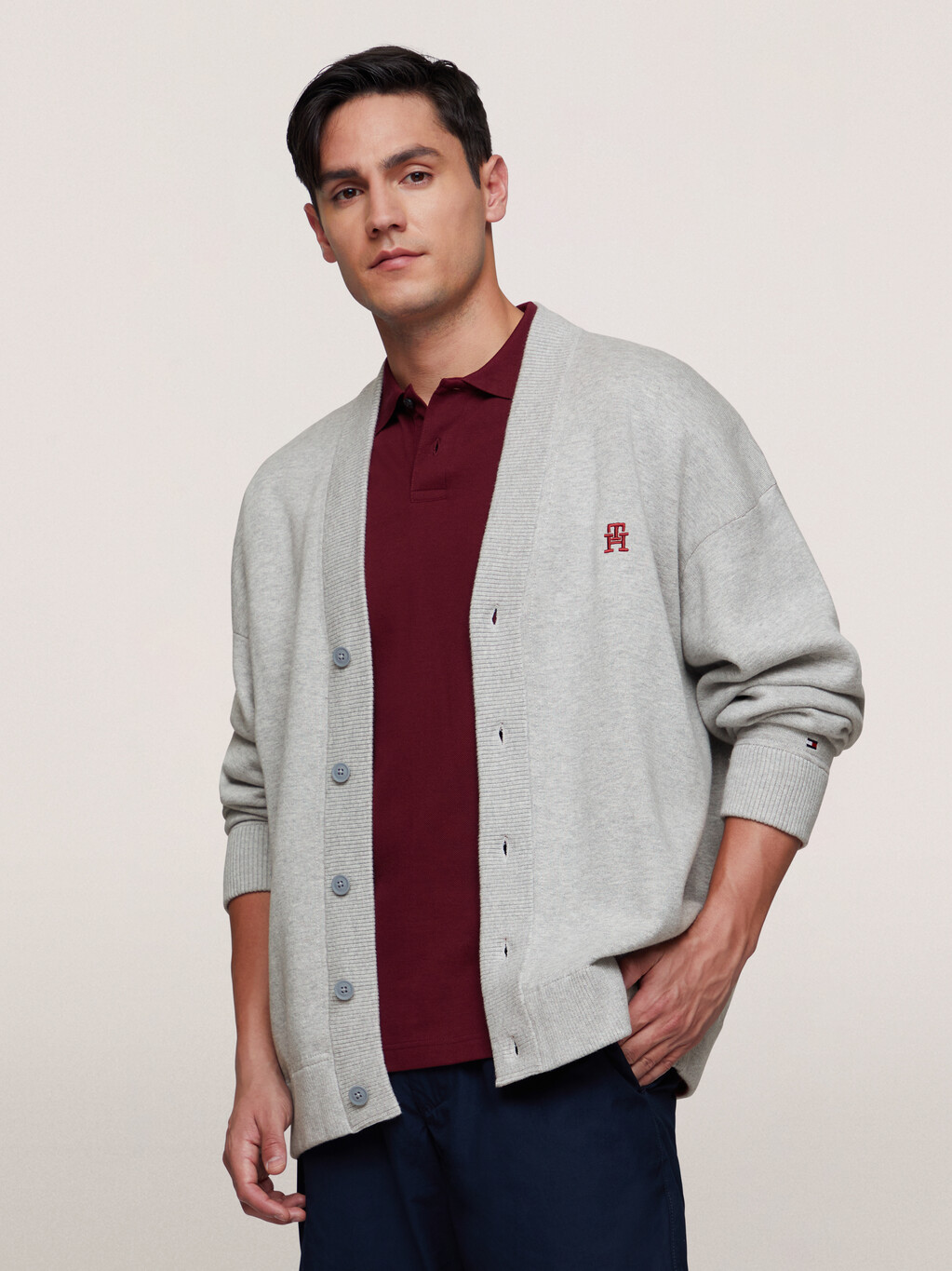 TH Monogram Interlock Cotton Cardigan, Light Grey Heather, hi-res