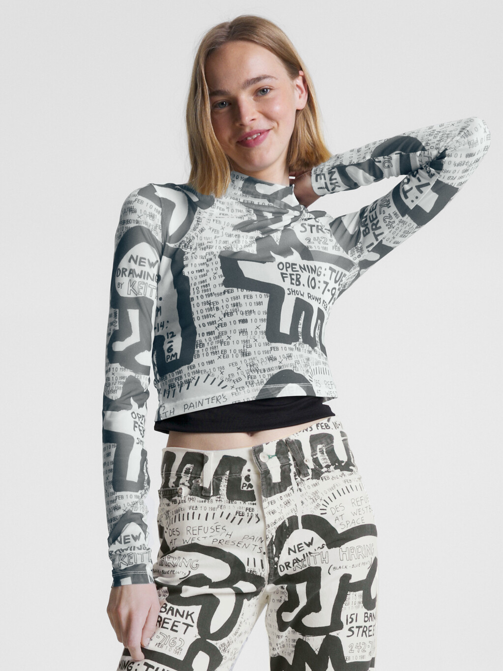 Tommy X Keith Haring Exhibition Poster Print Mesh Long Sleeve Top, Exhibit Poster Aop, hi-res