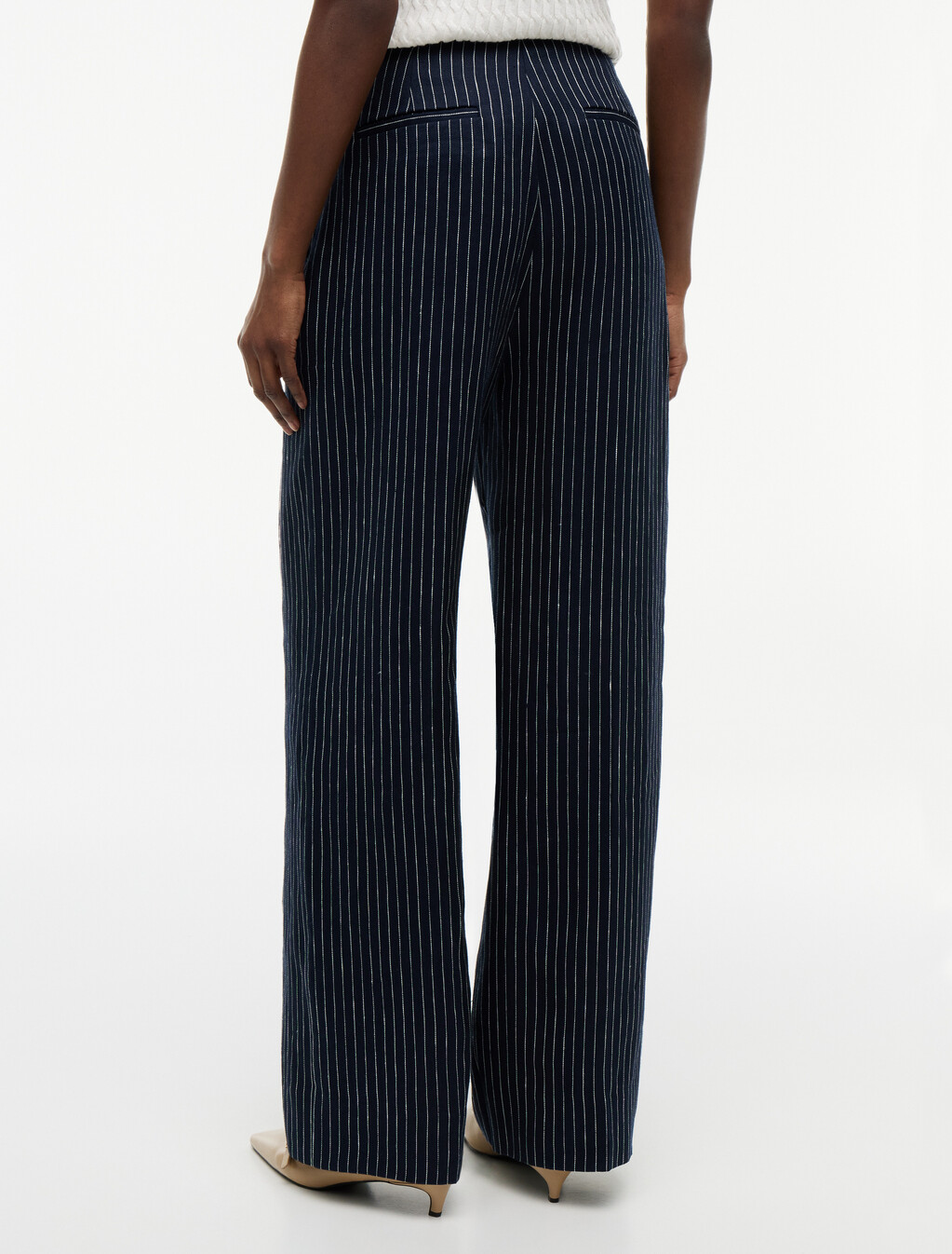 細條紋金色鈕扣寬筒亞麻混紡長褲, Pin Stripe Navy, hi-res