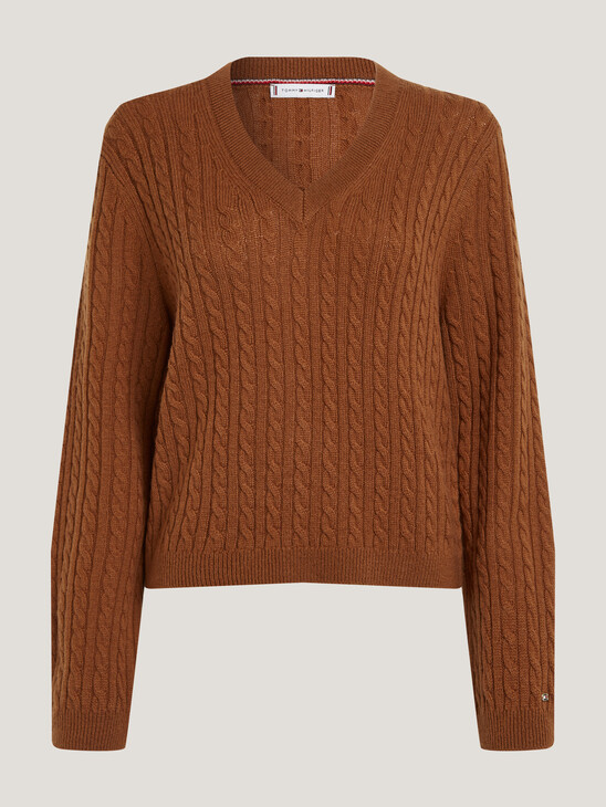 Wool Cable Knit V-Neck Jumper