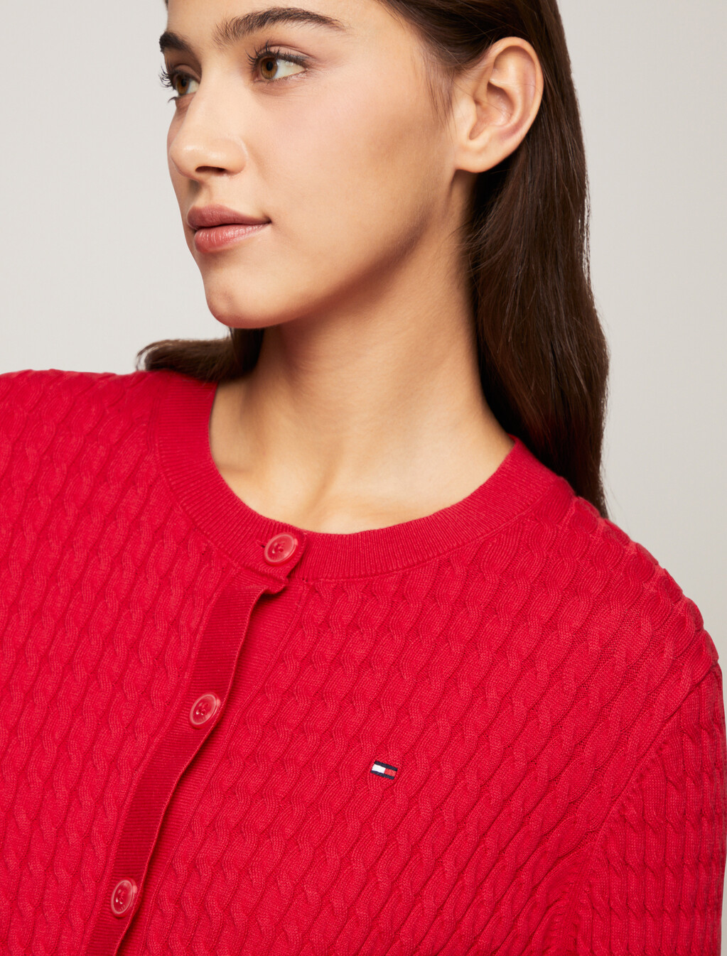 Cable Knit Crew Neck Cardigan, Primary Red, hi-res