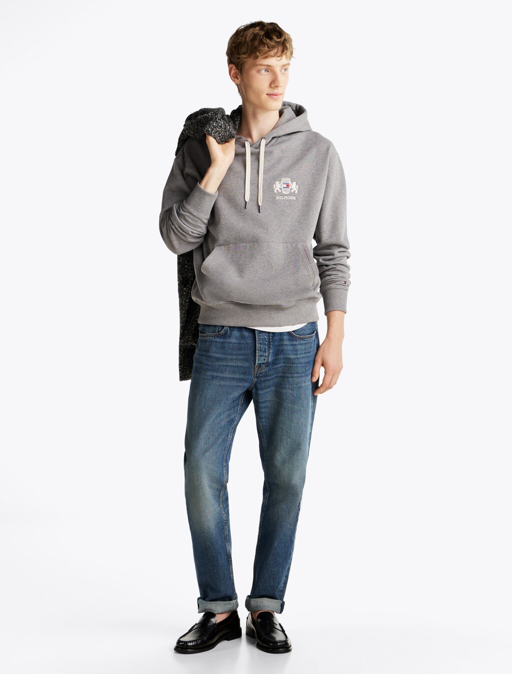 Small Crest Embroidery Hoodie, Medium Grey Heather, hi-res