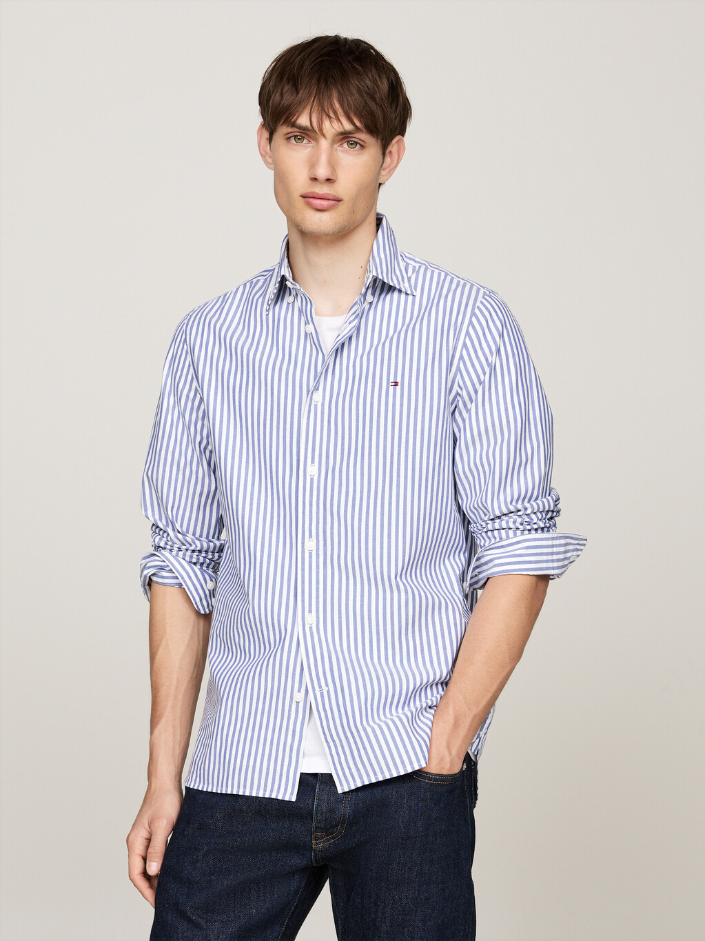 TH Flex Stripe Poplin Slim Shirt, Mid Blue / Optic White, hi-res