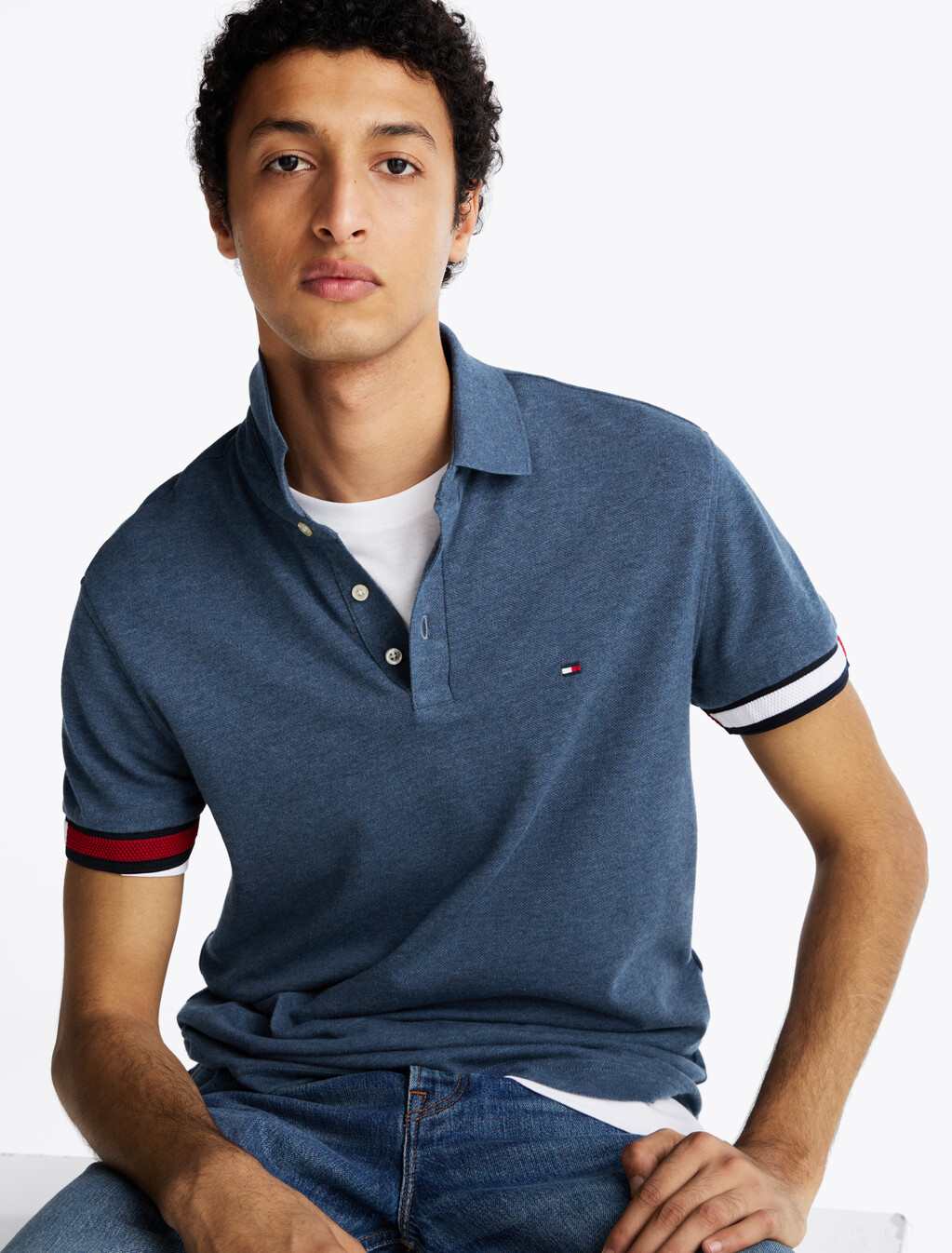 Flag Cuff Slim Polo, Faded Indigo Heather, hi-res