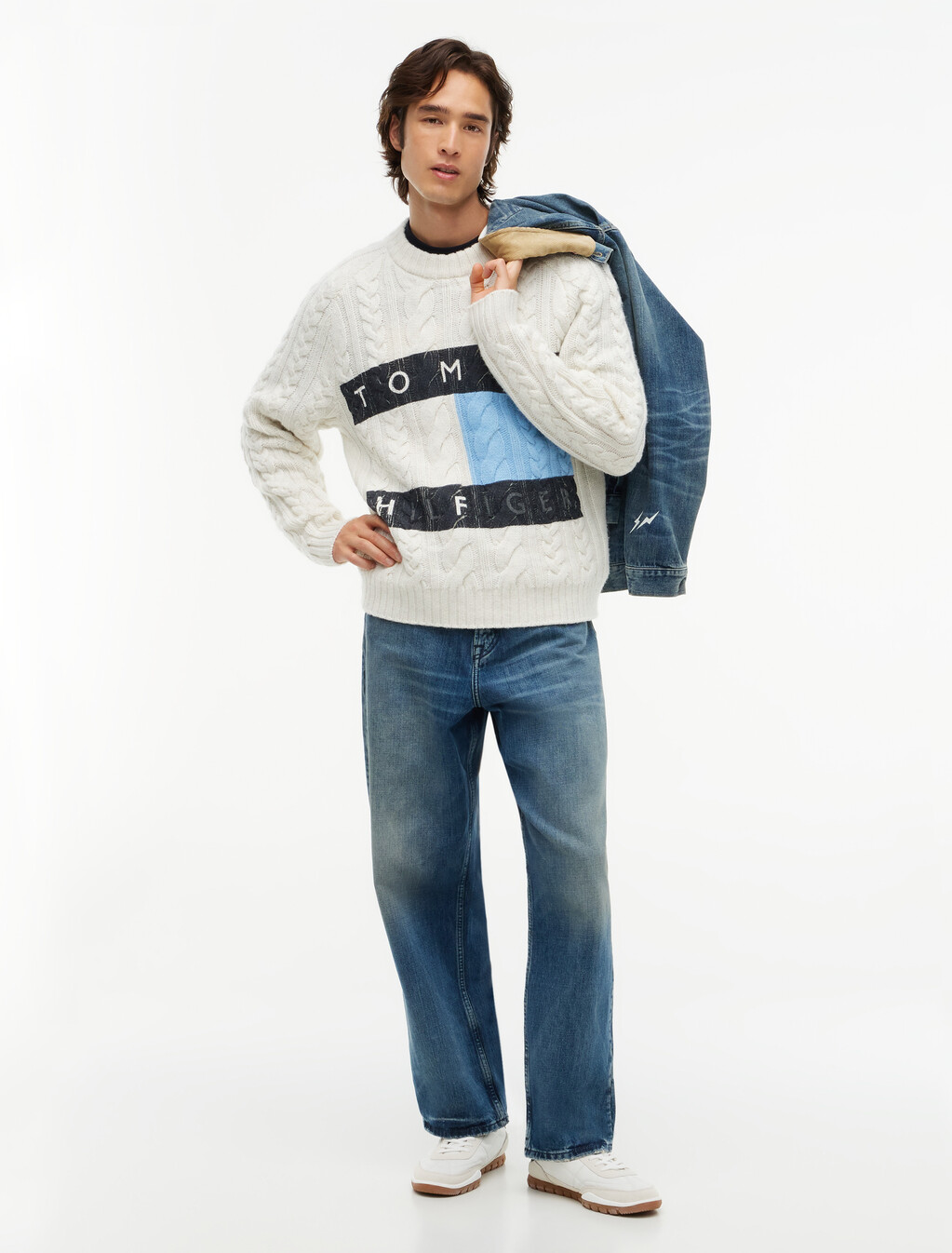 Wool Blend Cable Knit Jumper, Ecru / Well Water, hi-res