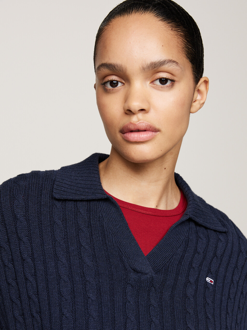 Rugby Collar Cable Knit Boxy Jumper, Dark Night Navy Melange, hi-res