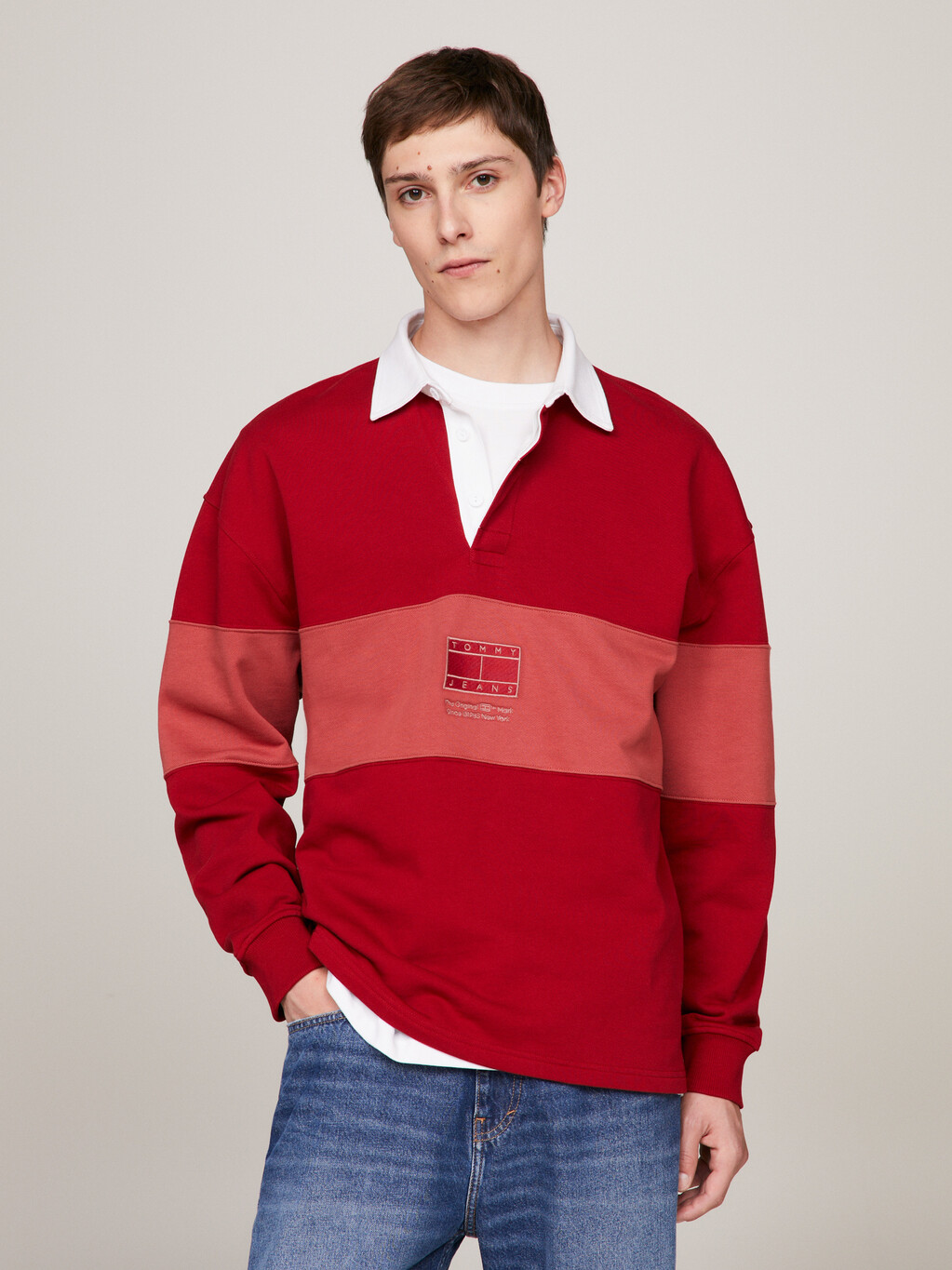 Tonal Panel Relaxed Rugby Shirt, Magma Red, hi-res