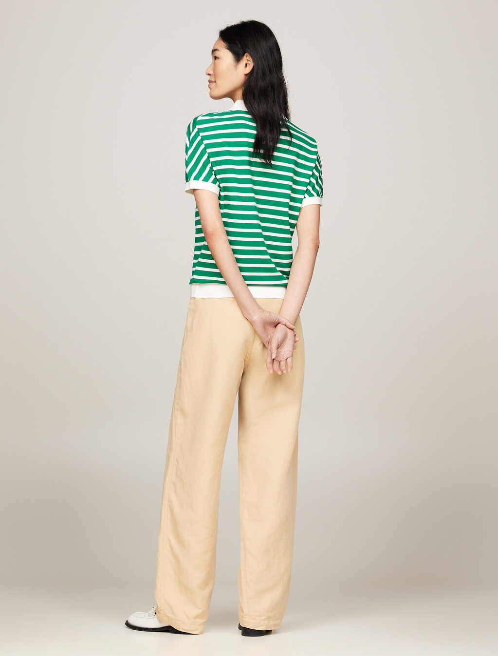 寬鬆萊賽爾條紋 Polo 衫, Breton Ecru/Olympic Green, hi-res