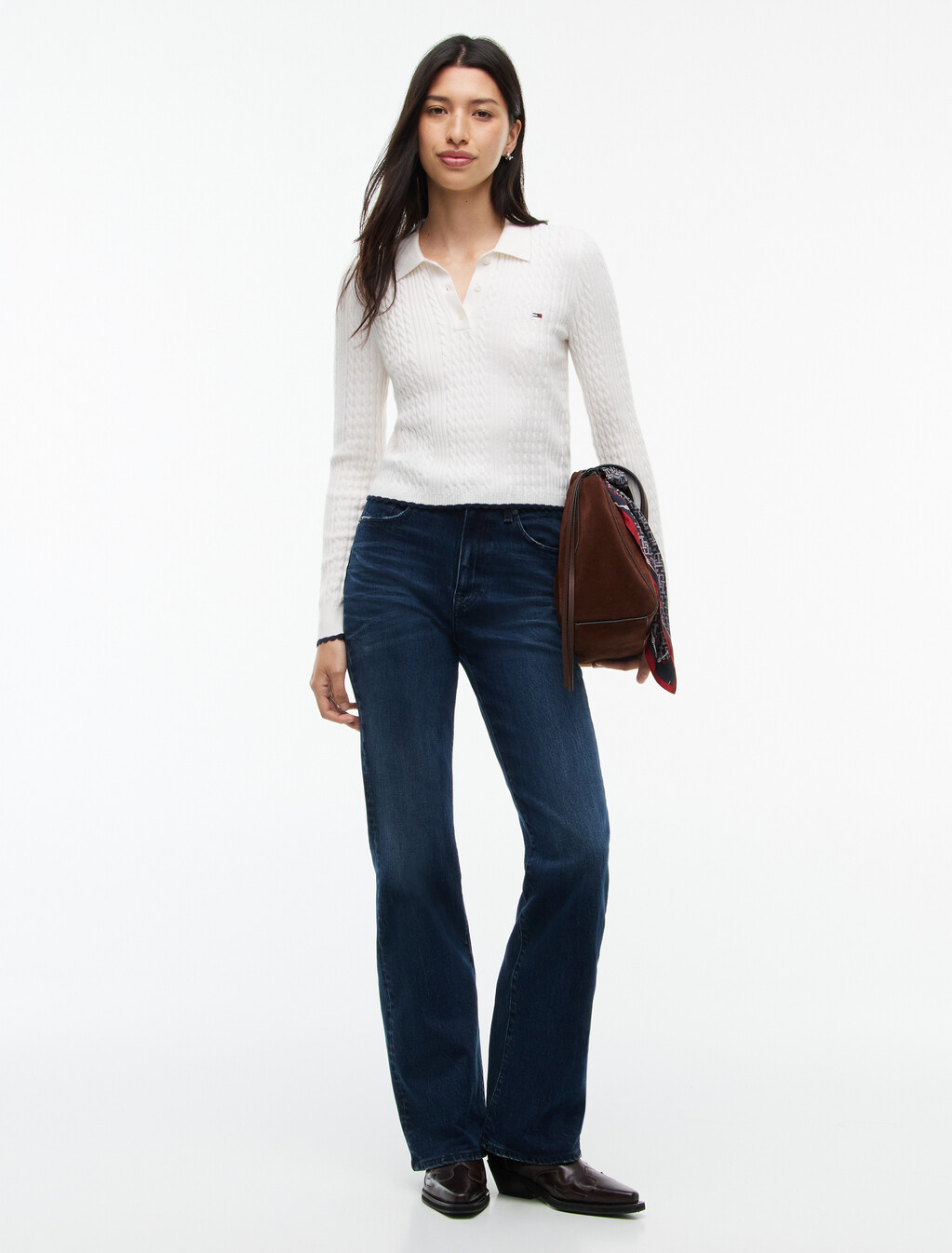 Micro Cable Knit Slim Polo Jumper, Off White, hi-res