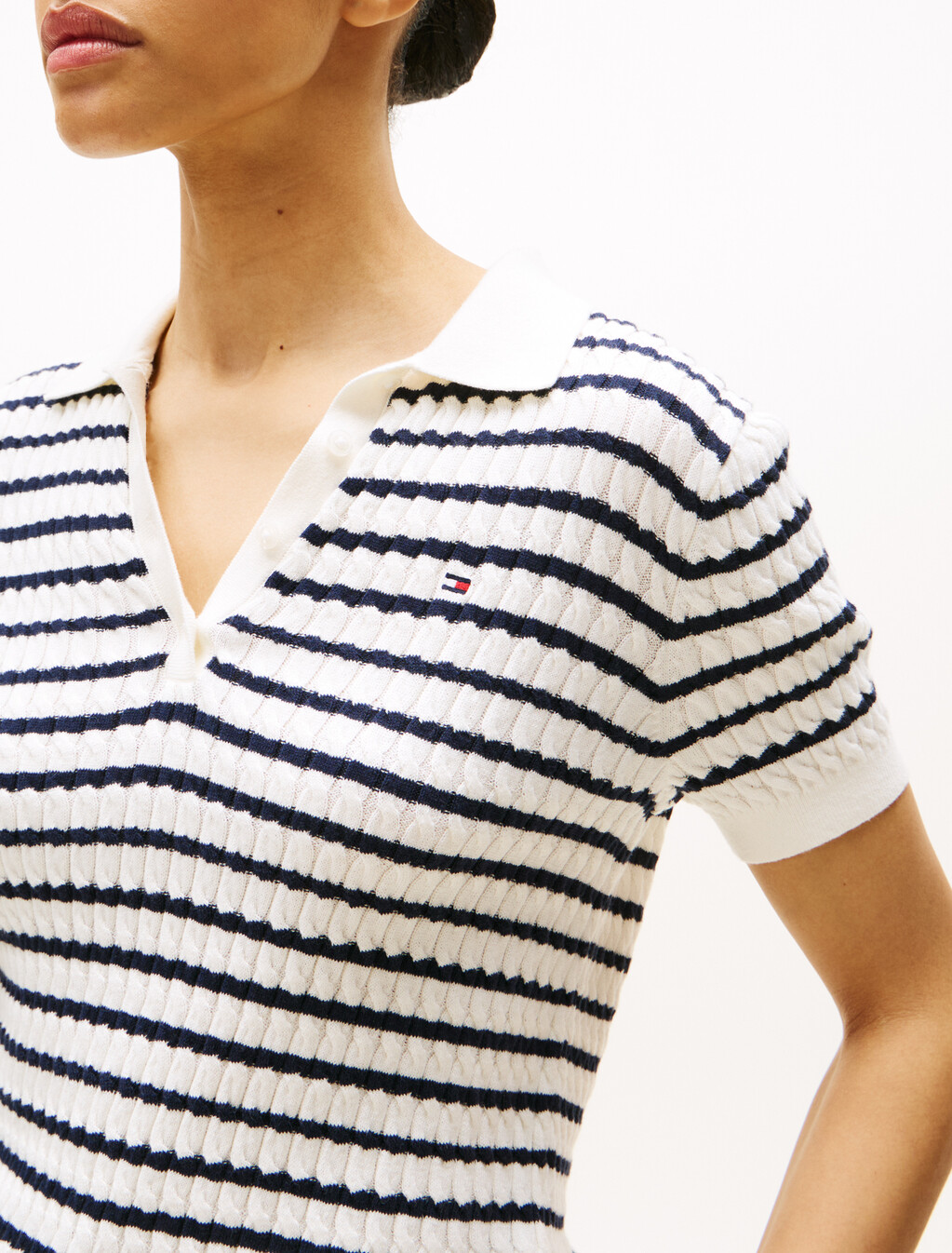 Cable Knit Polo Short Sleeve Jumper, Ivory Silk/Dark Night Navy Stp, hi-res