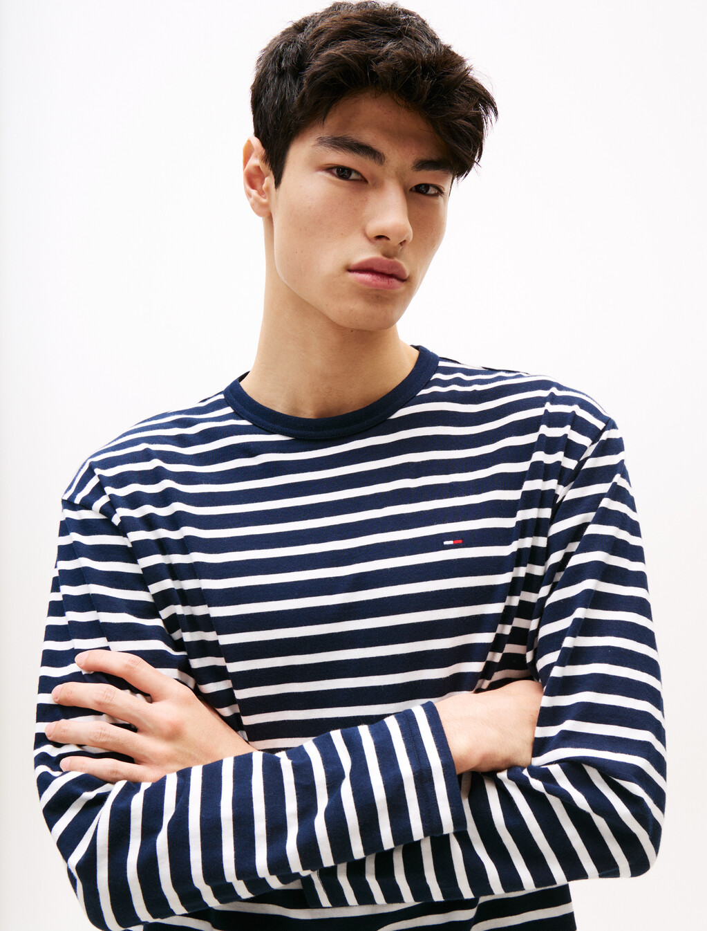 法式水手條紋修身長袖 T 恤, Dark Night Navy Stripe, hi-res
