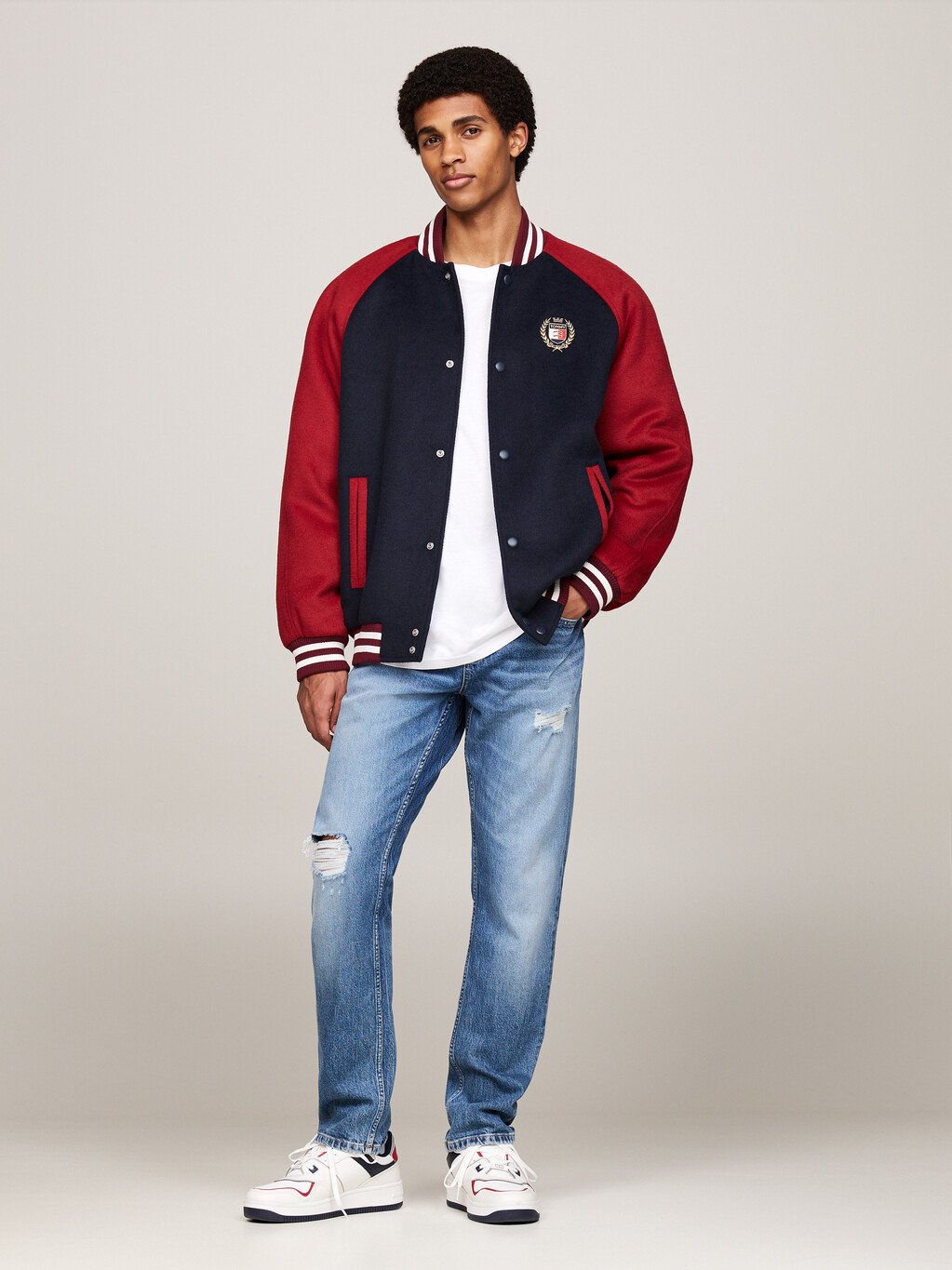 Embroidery Bomber Jacket With Wool, Dark Night Navy / Regatta Red, hi-res