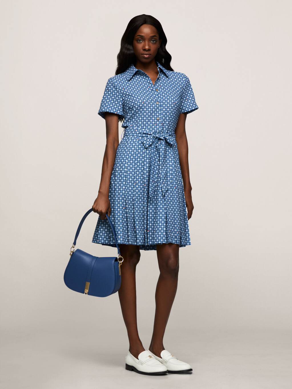 Foulard Pleat Shirt Dress, Heritage Foulard/ Fossil Blue, hi-res