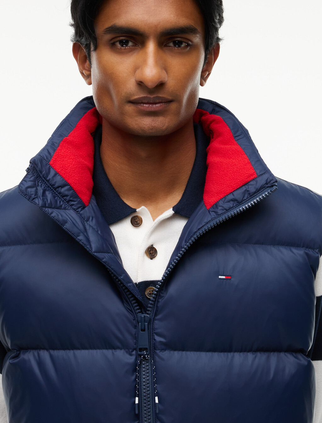 Down Hooded Zip-Thru Vest, Dark Night Navy, hi-res