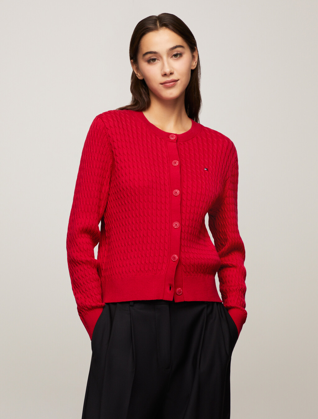 Cable Knit Crew Neck Cardigan, Primary Red, hi-res