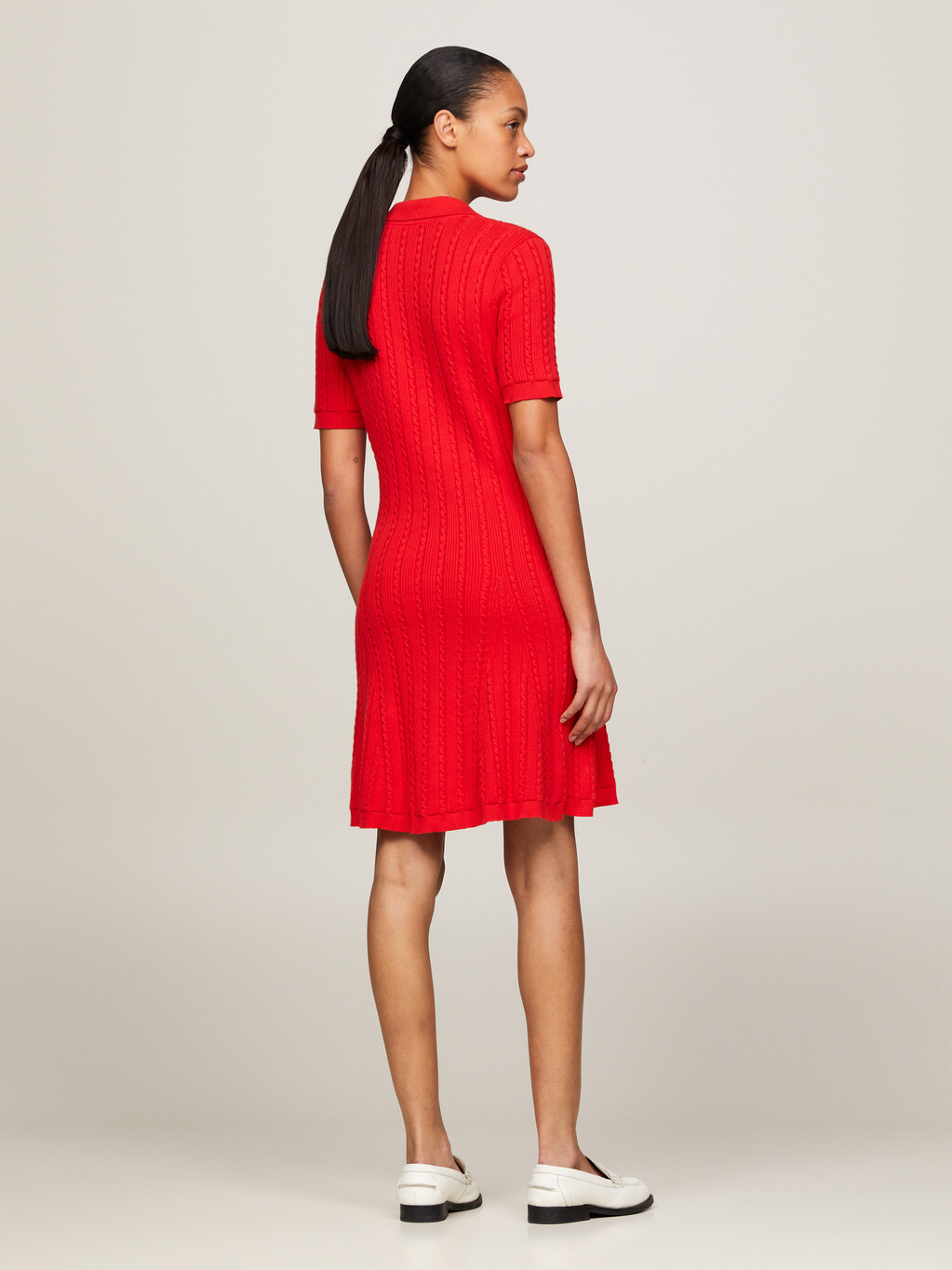 絞花針織及膝 Polo 針織衫洋裝, Fierce Red, hi-res