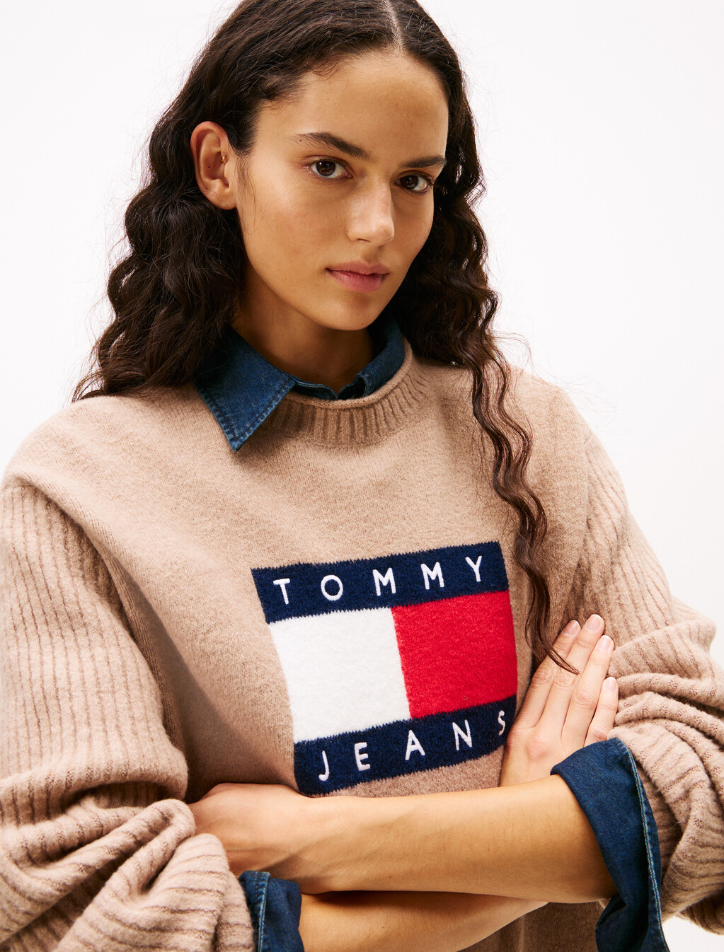 Tommy Flag Badge Mini Jumper Dress, Malted Milk, hi-res