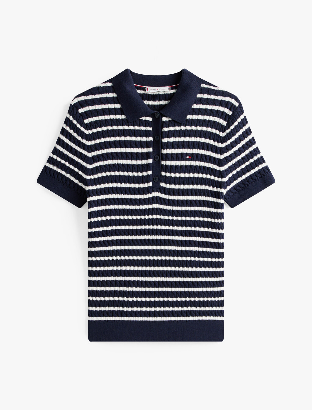 Cable Knit Polo Short Sleeve Jumper, Dark Night Navy/Ivory Silk Stp, hi-res
