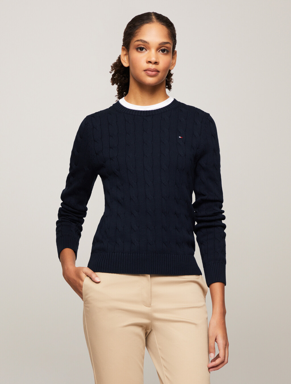 Cable Knit Pullover Sweater, Dark Night Navy, hi-res