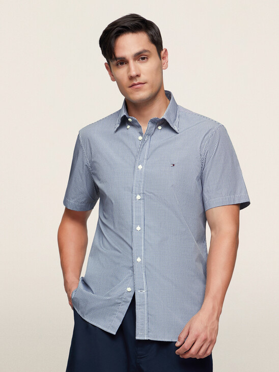 Micro Gingham Check Button Down Short Sleeve Shirt