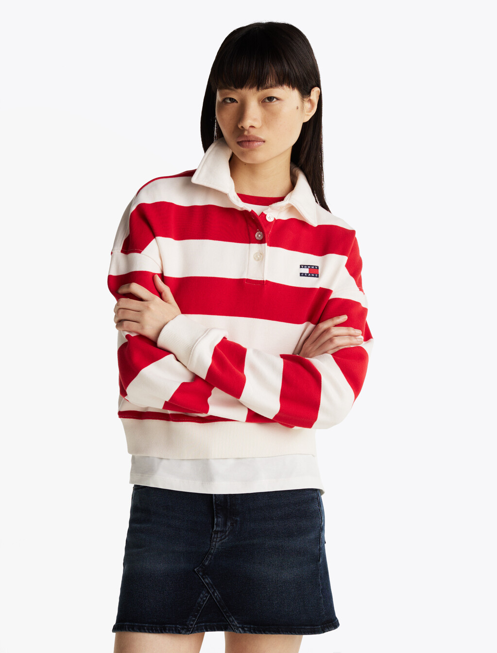 Boxy Fit Polo Collar Sweatshirt, Ancient White/Red Stripe, hi-res