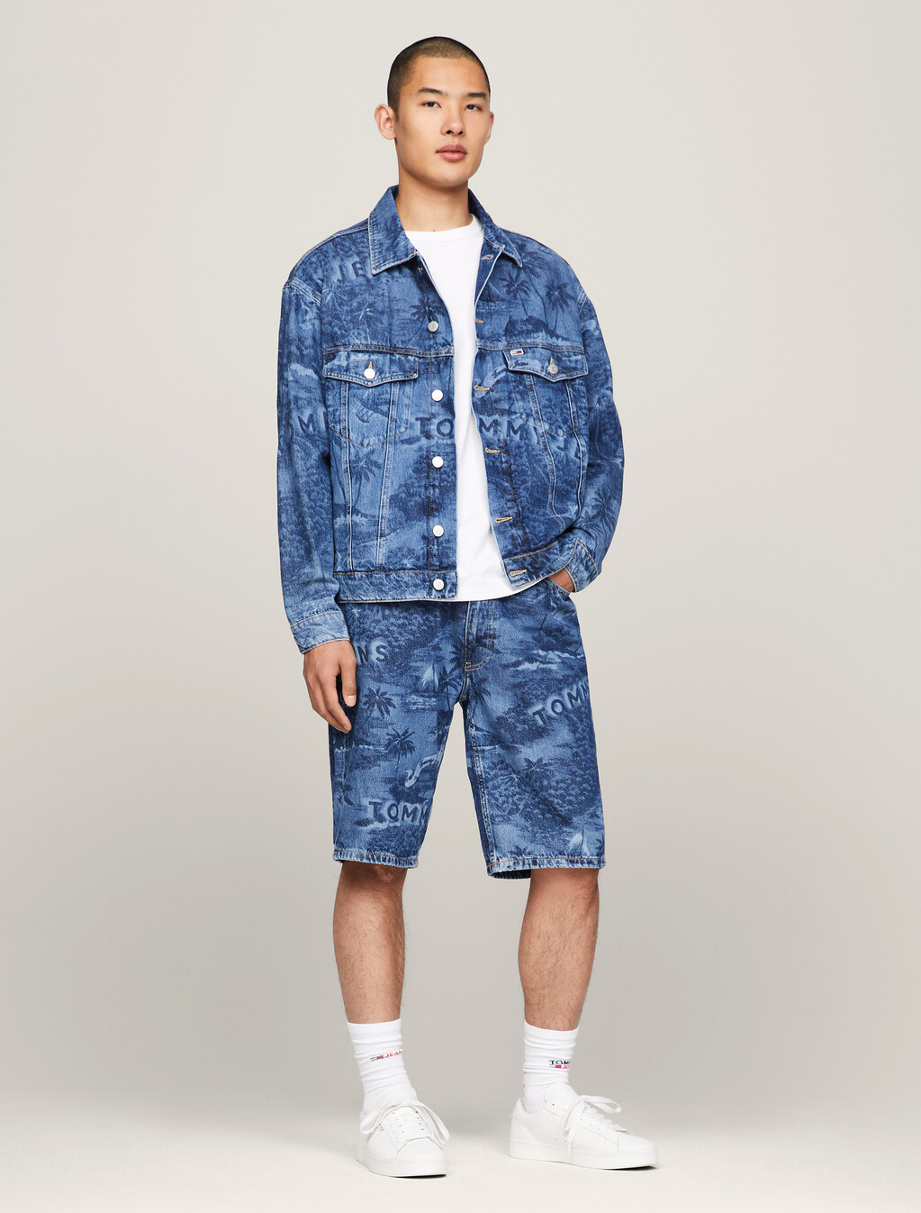 Aiden Hawaiian Lasered Denim Baggy Shorts, Denim Medium, hi-res