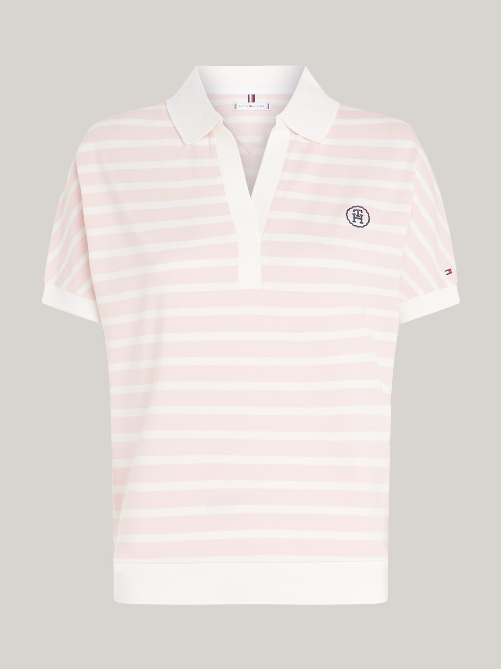 寬鬆萊賽爾條紋 Polo 衫, Breton Ecru/Whimsy Pink, hi-res