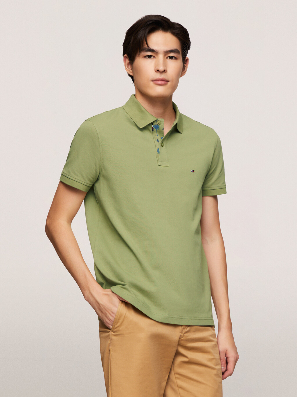 Under Collar Palm Print Regular Polo, Faded Olive, hi-res