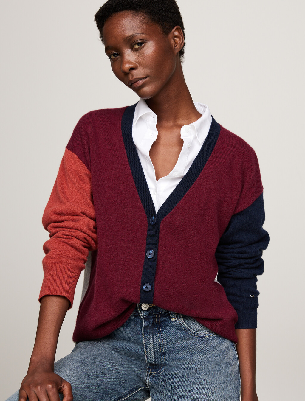 Colour-Blocked Cardigan With Cashmere, Deep Rouge, hi-res
