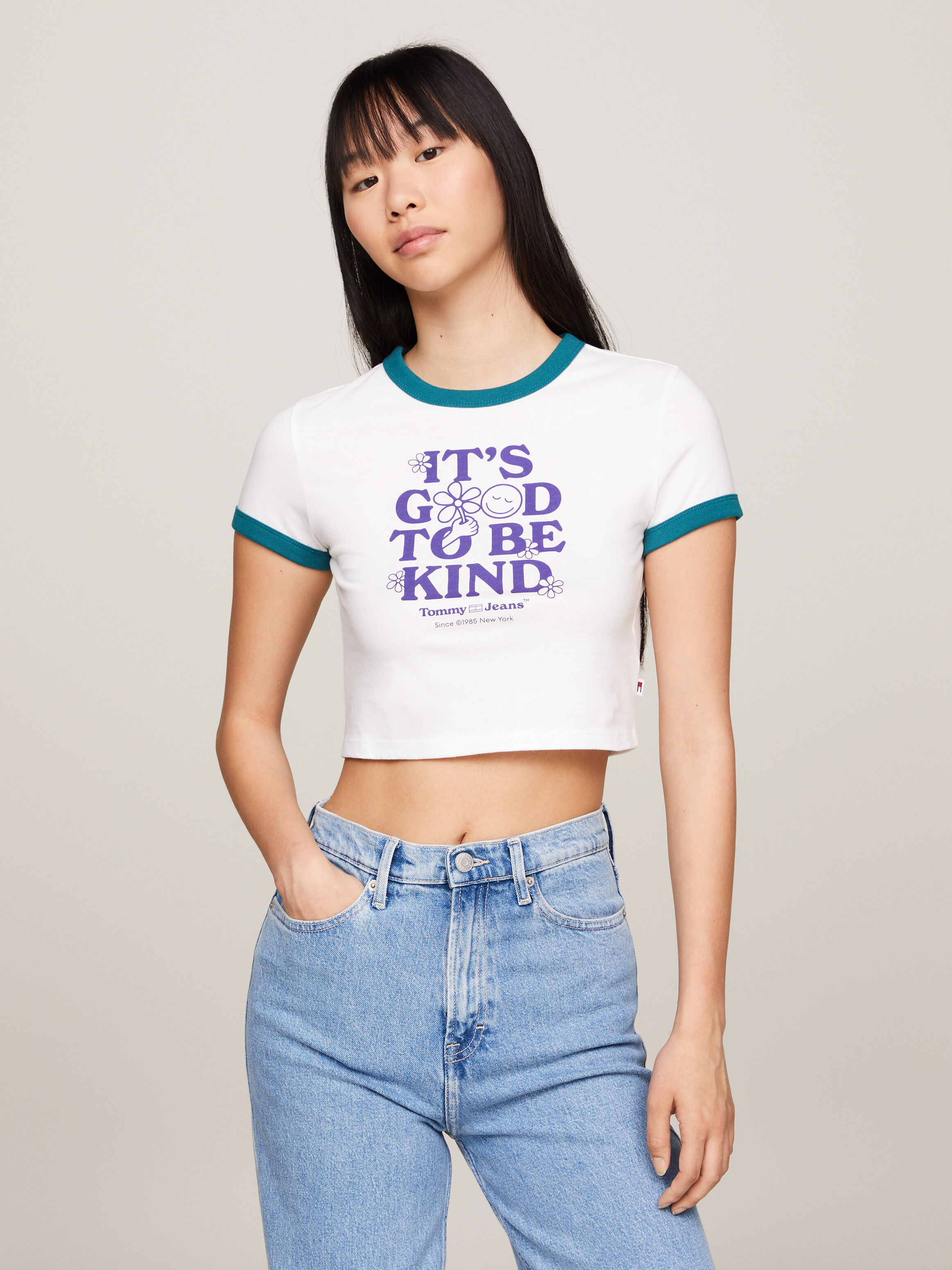 Slim Fit Cropped Slogan T-Shirt White