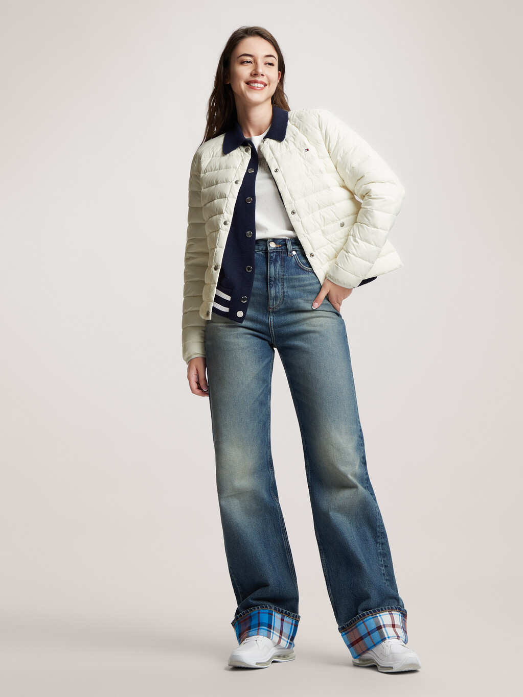 Lightweight Quilted Down Collarless Jacket, Ancient White, hi-res