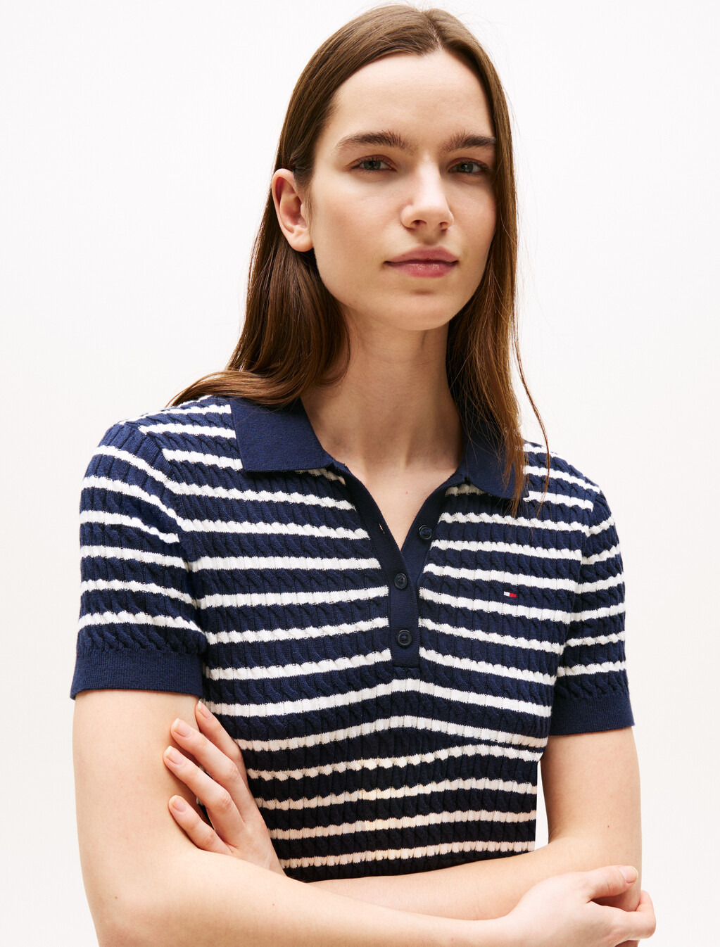 Cable Knit Polo Short Sleeve Jumper, Dark Night Navy/Ivory Silk Stp, hi-res