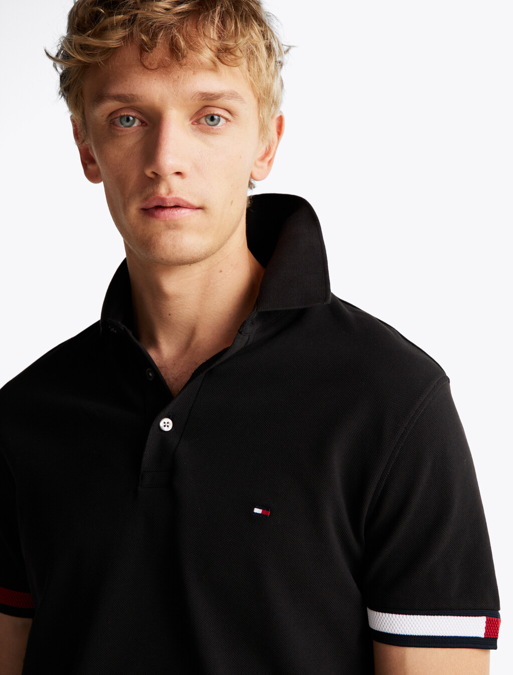 旗幟袖口修身 Polo 衫, Black, hi-res