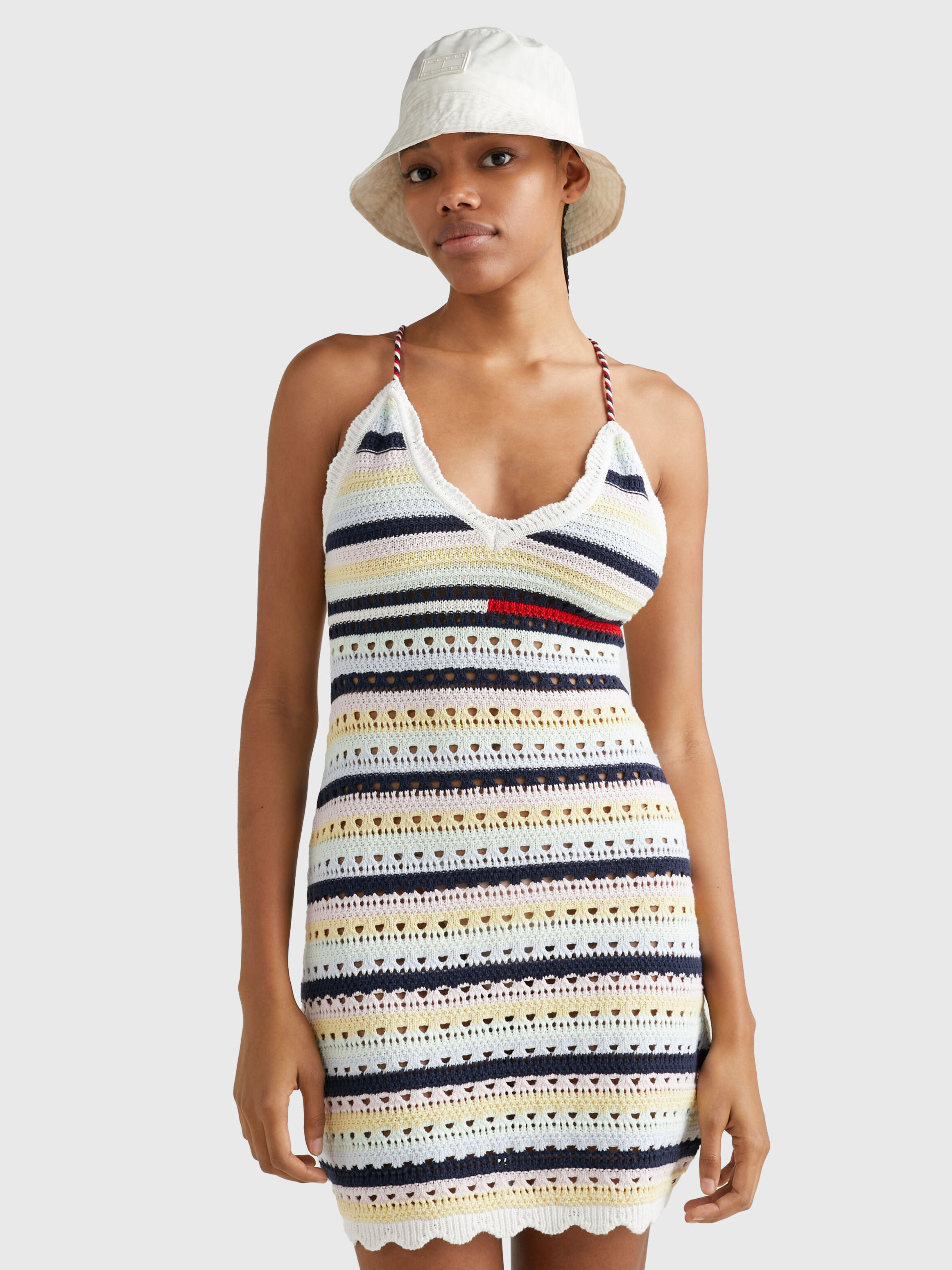 scalloped striped mini dress