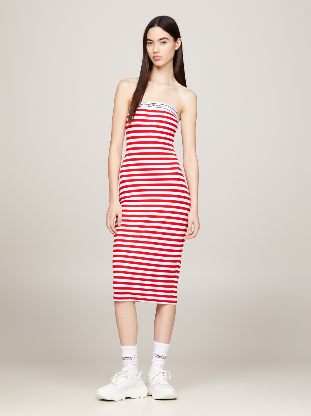 Logo Tape Stripe Knee Length Tube Dress, Deep Crimson / Stripe, hi-res