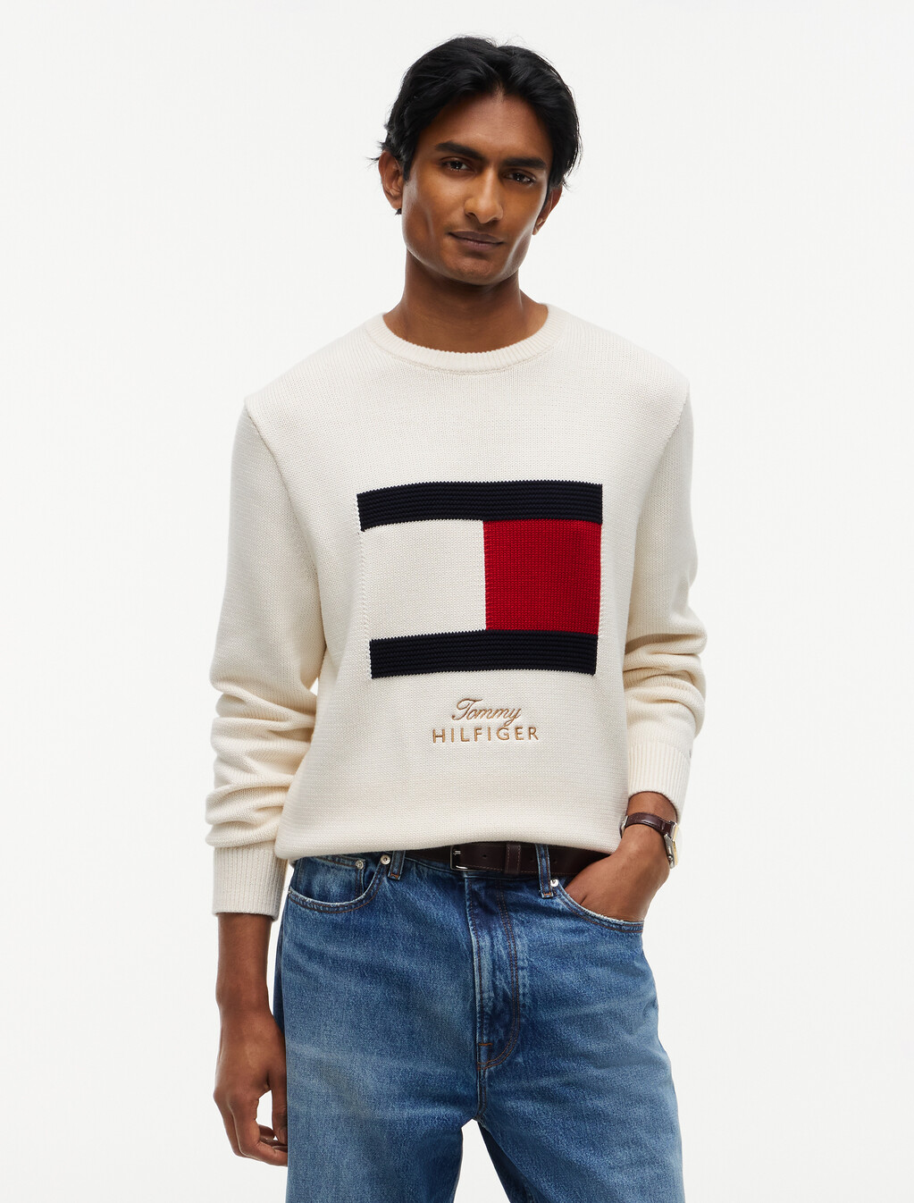 Intarsia Flag Crew Neck Jumper, Ivory Petal, hi-res