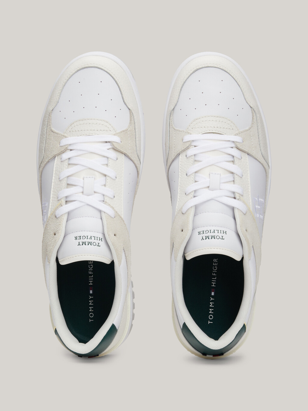 Mixed Texture Leather Basketball Trainers, White, hi-res