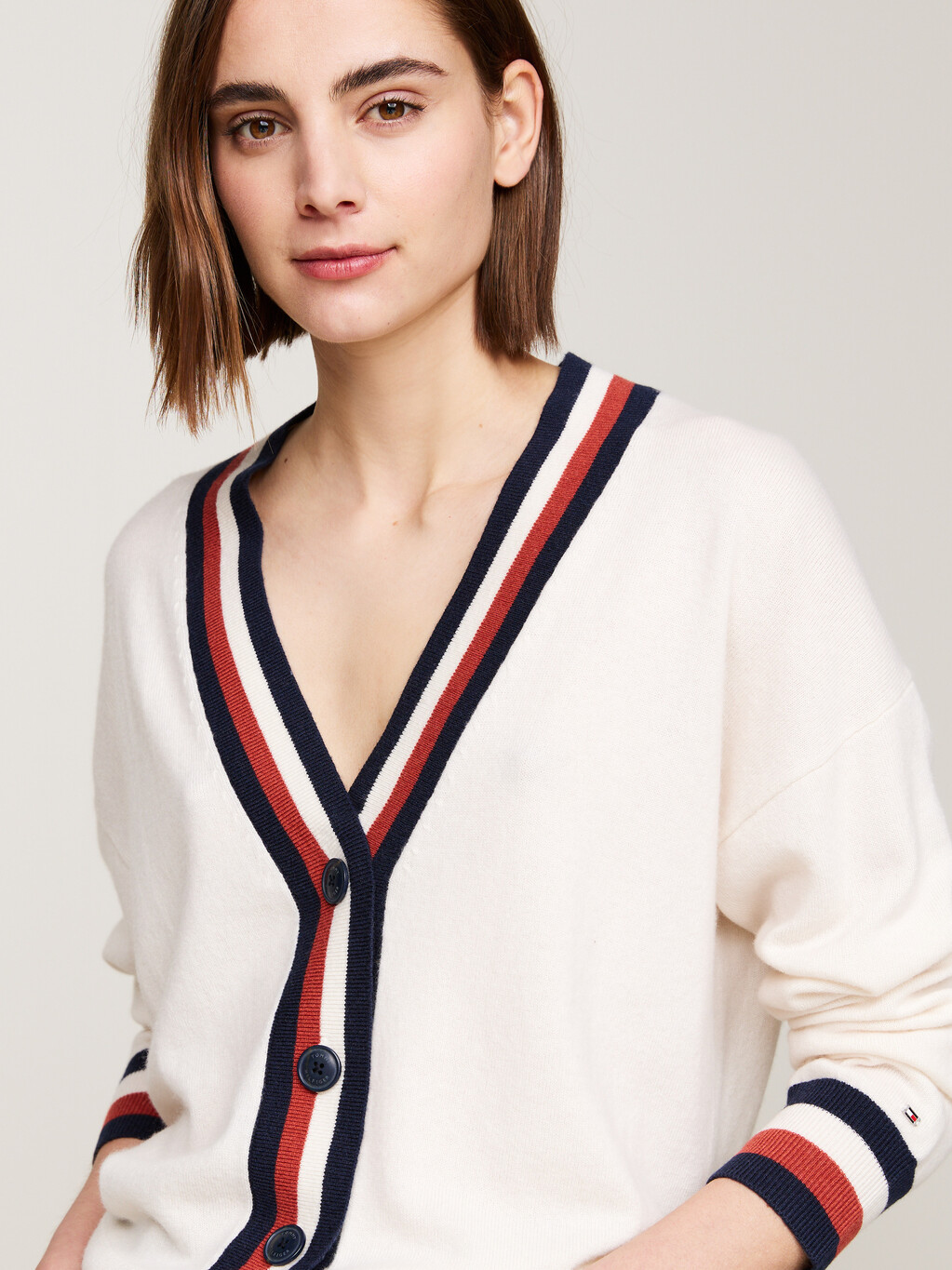 Global Stripe Wool Cashmere Cardigan, Ivory Petal, hi-res