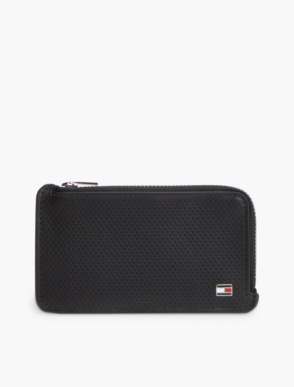 Perforated Leather Zip-Around Wallet, Black, hi-res