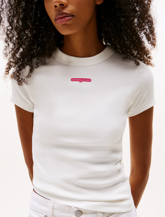 Script Logo Rib Knit T-Shirt, Ecru Script Logo Rib Knit T-Shirt