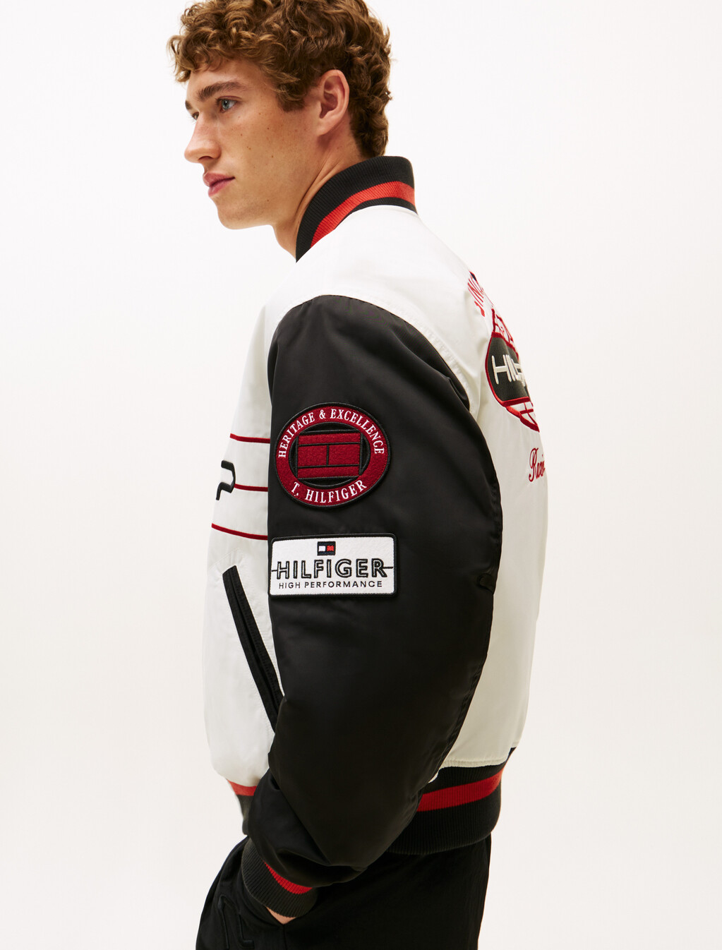 The APXGP Collection Satin Boxy Varsity Jacket, White/Red/Black, hi-res